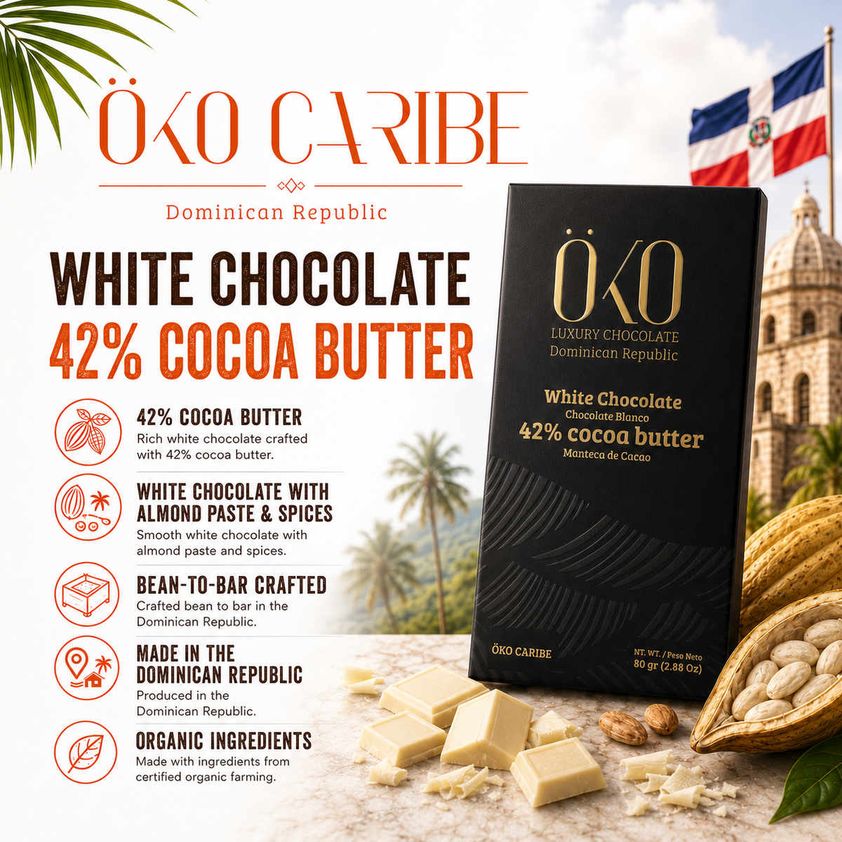 Öko Caribe 42% White Chocolate with Almond & Spices | Dominican Republic Bean-to-Bar