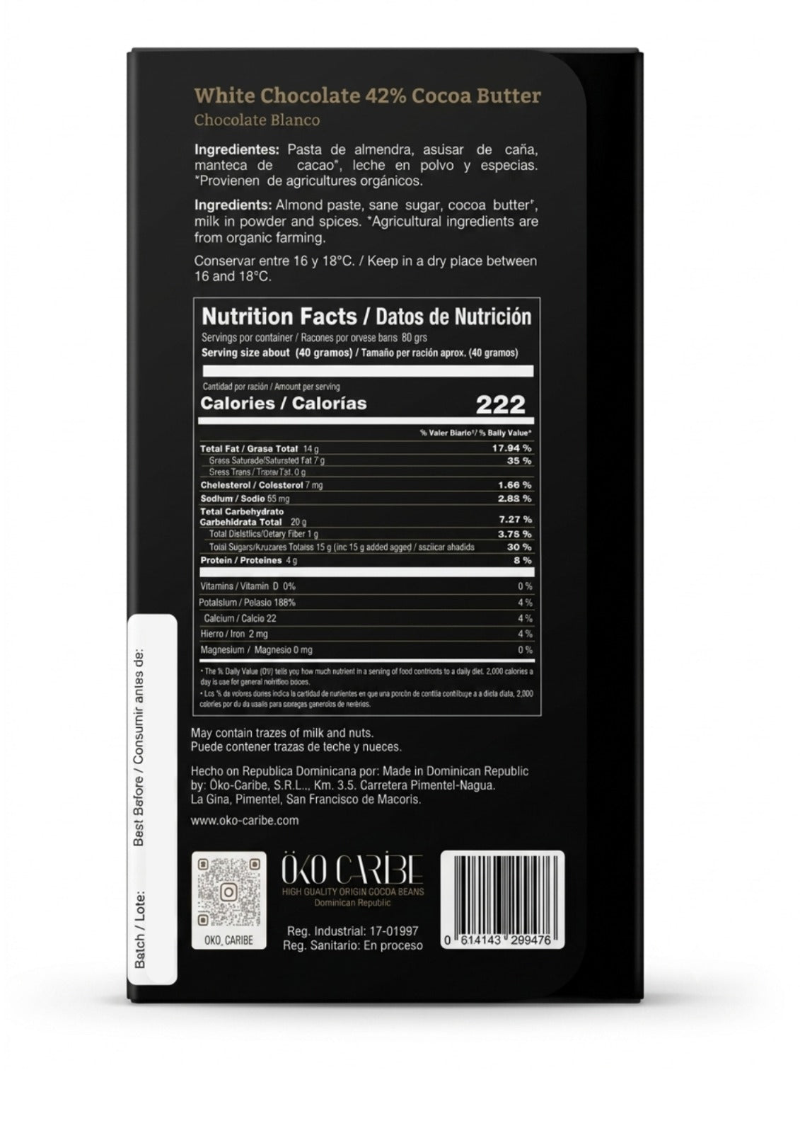 Öko Caribe 42% White Chocolate with Almond & Spices | Dominican Republic Bean-to-Bar